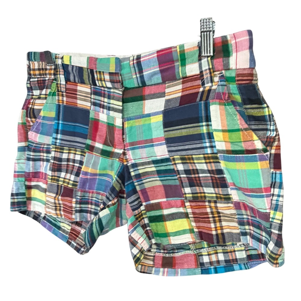 J Crew City Fit Patchwork Madras Shorts Womens 2 Blue Green Plaid Casual Chic - Picture 3 of 12